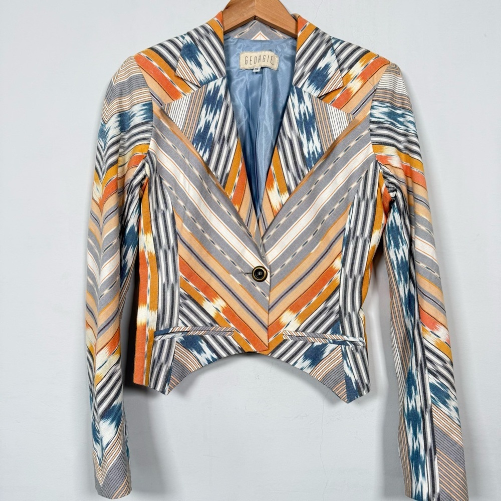 Georges Vibrant Multicolor Aztec Cropped Blazer, Size S, 100% Cotton